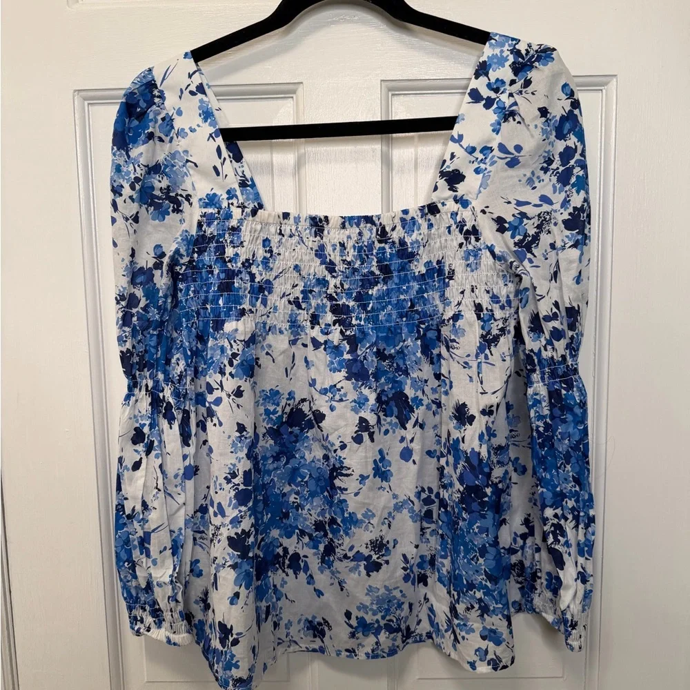 Tuckernuck Blue and White Floral Smocked Square-Neck Blouse